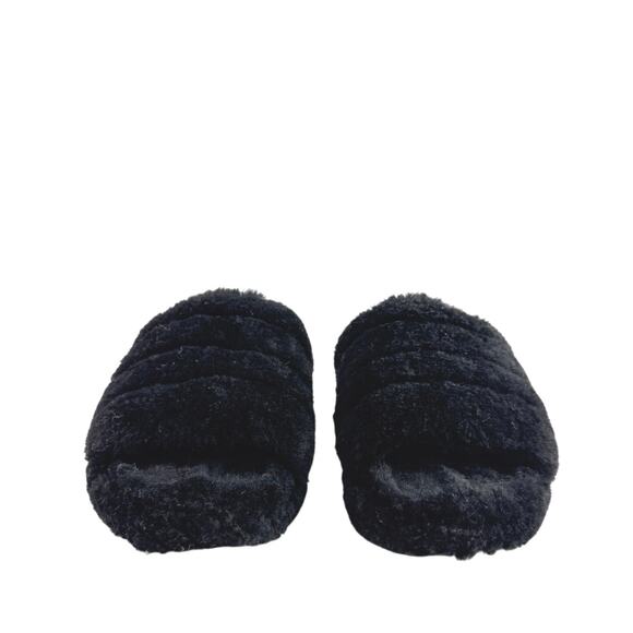 UGG Fluff Yeah Black Faux Fur Strap Logo Slingback Slippers Slides Sandals Sz 6 - Picture 2 of 8